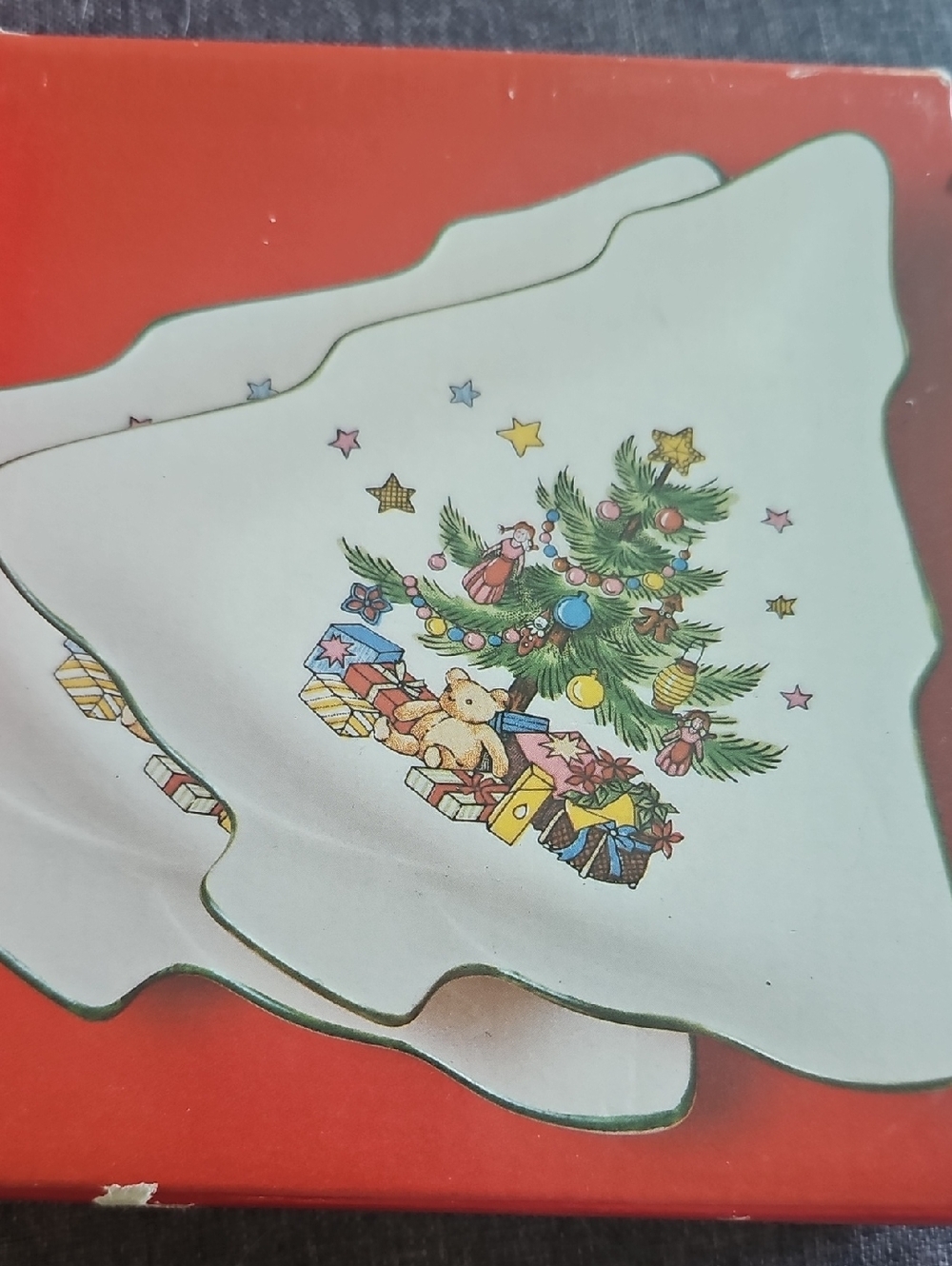 2 Tree-Shaped Candy Dishes Printed Christmas Tree 90s Vintage 80s Kitchen Decor - Picture 1 of 7